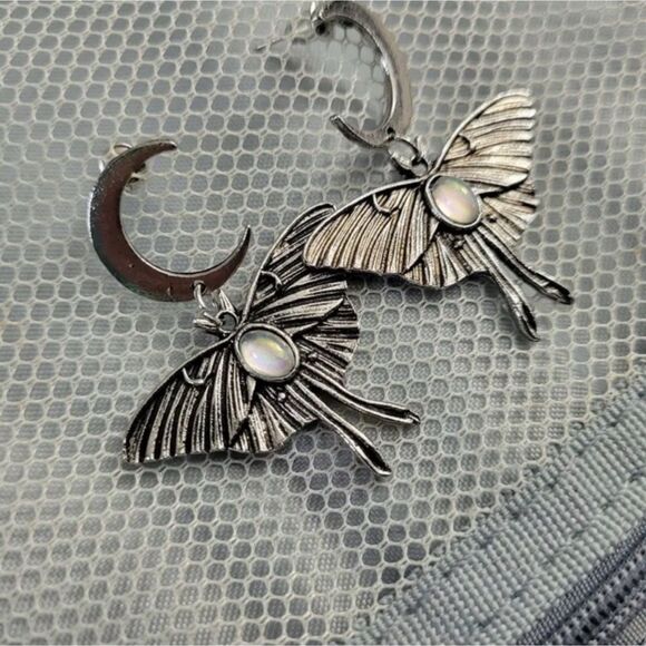 ✨“Celestial Moth & Moon Drop Earrings – Iridescent Gemstone Accent” - Picture 7 of 16